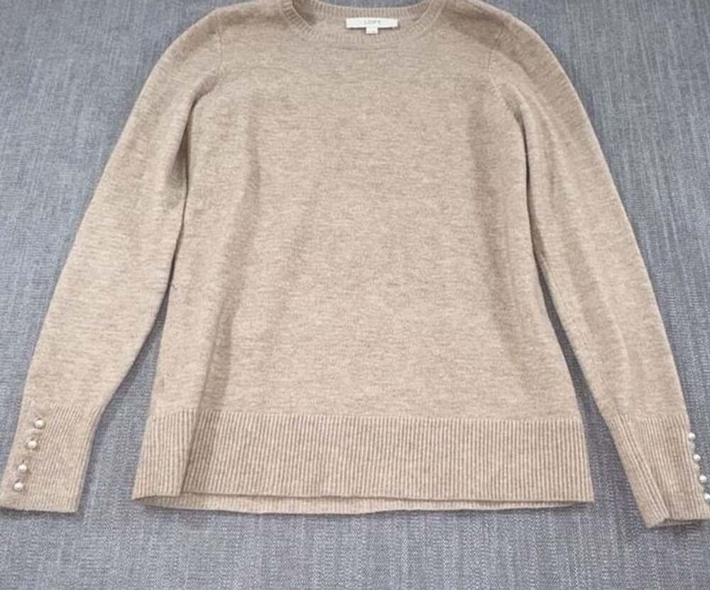 Loft Crewneck Sweater Size M Beige Pearl Cuffs Long Sleeve